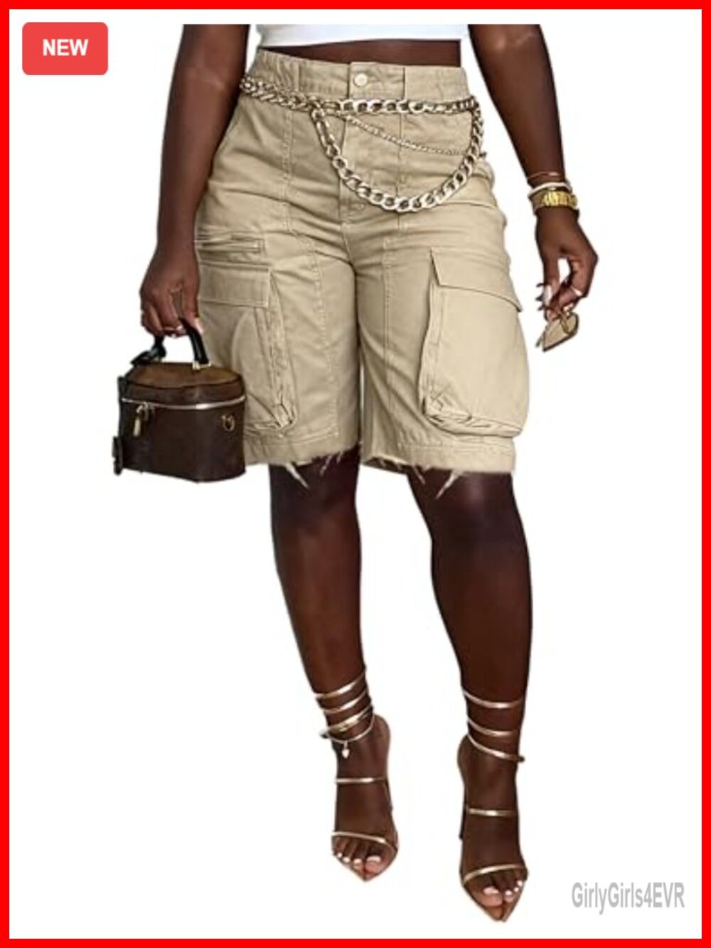Women's High Waisted Stretchy Cargo Denim Bermuda Shorts with Pockets